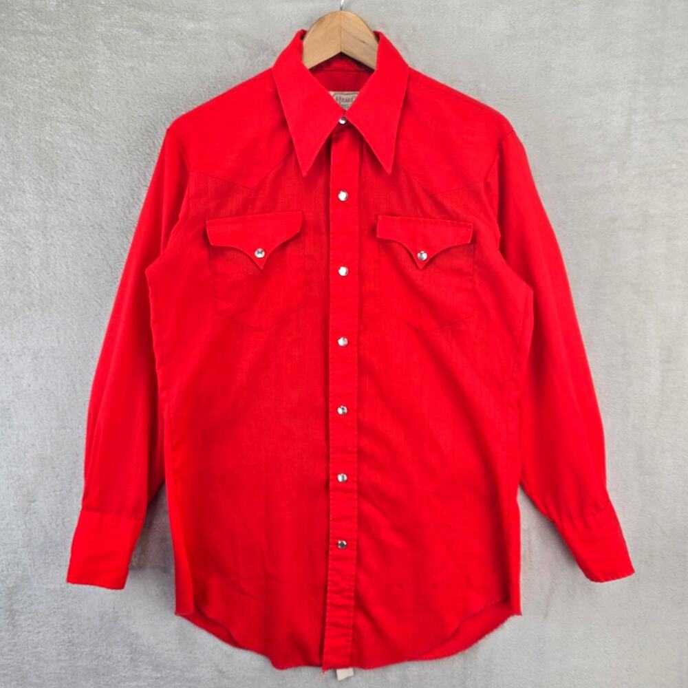 Vintage H Bar C Shirt Mens 15.5-30 Red Pearl Snap Western Ranchwear 70s 80s